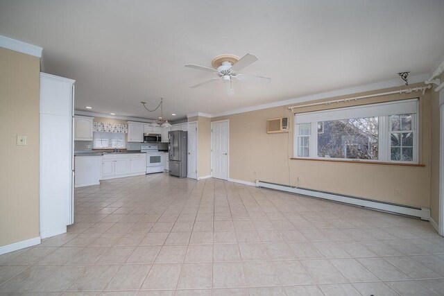 unfurnished living room featuring recessed lighting, crown molding, baseboards, baseboard heating, and ceiling fan