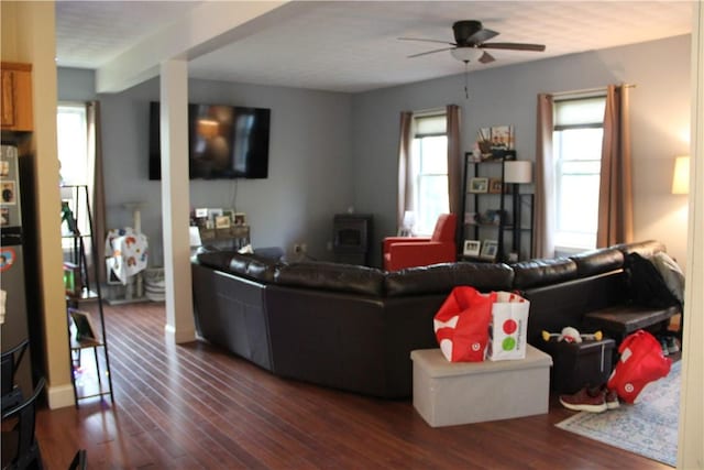 372 Mishnock Rd, West Greenwich, RI 02817 - living area with ceiling fan and dark wood-style floors