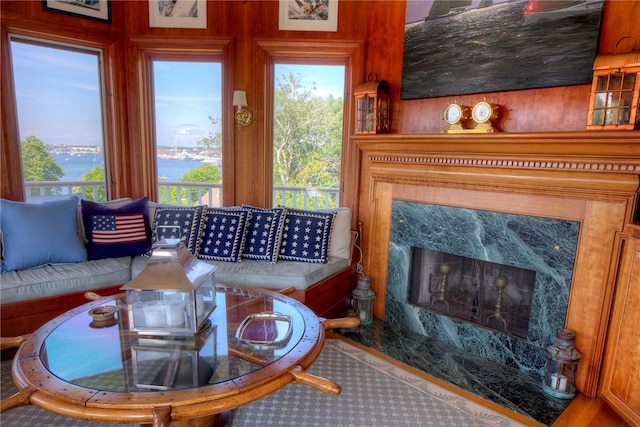 2 Harbor View Dr, Newport, RI 02840 - living area featuring a water view and a premium fireplace