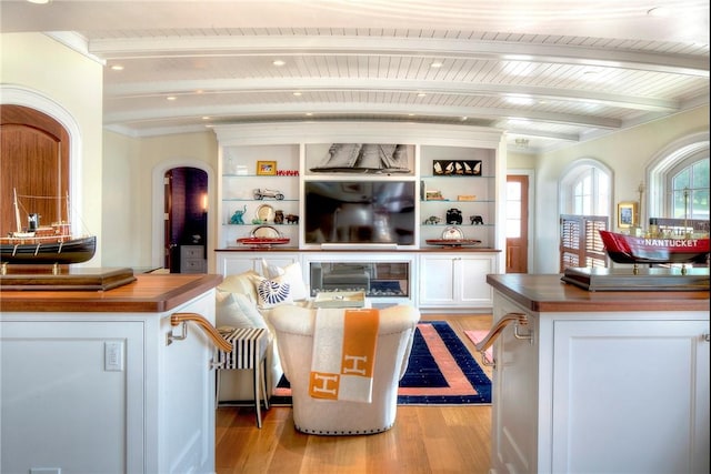 2 Harbor View Dr, Newport, RI 02840 - living area with wood ceiling, arched walkways, beam ceiling, and light wood-style floors