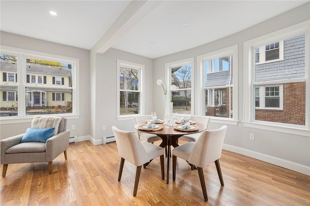 sunroom featuring beamed ceiling, a baseboard heating unit, and a baseboard radiator