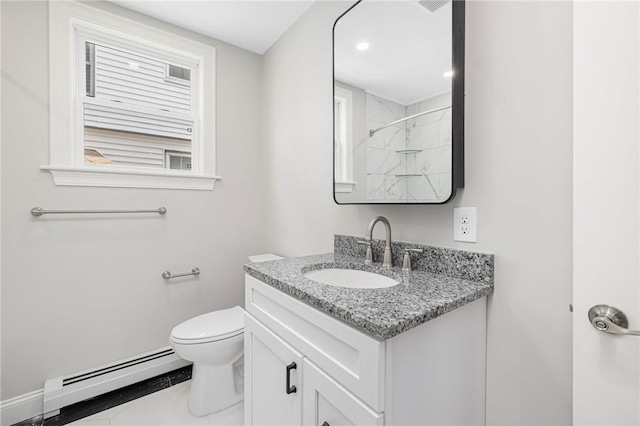 bathroom featuring vanity, toilet, baseboards, walk in shower, and baseboard heating