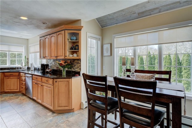 30 Rock Ridge Rd, Westerly, RI 02891 - bar with a sink, recessed lighting, lofted ceiling, tasteful backsplash, and stainless steel dishwasher