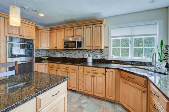 30 Rock Ridge Rd, Westerly, RI 02891 - kitchen with a sink, dark stone counters, appliances with stainless steel finishes, and backsplash
