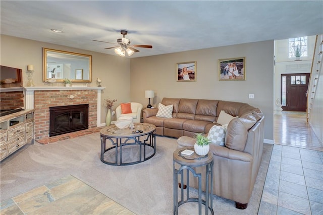 30 Rock Ridge Rd, Westerly, RI 02891 - living room with baseboards, a ceiling fan, recessed lighting, and a brick fireplace