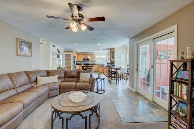 30 Rock Ridge Rd, Westerly, RI 02891 - living area featuring ceiling fan, french doors, recessed lighting, and light colored carpet