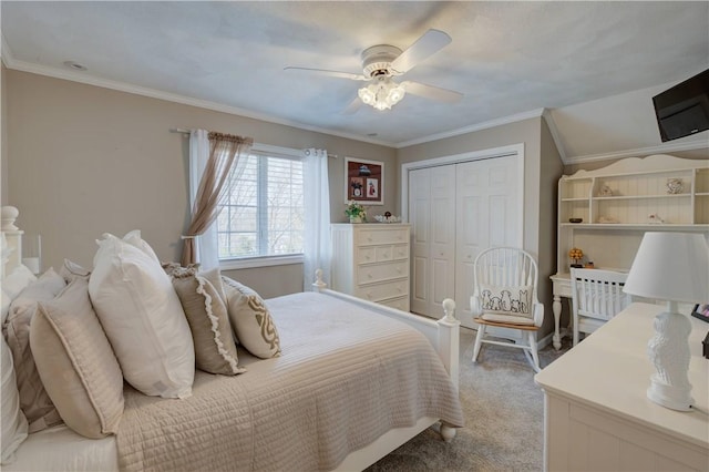 30 Rock Ridge Rd, Westerly, RI 02891 - bedroom with a closet, ornamental molding, a ceiling fan, and carpet flooring