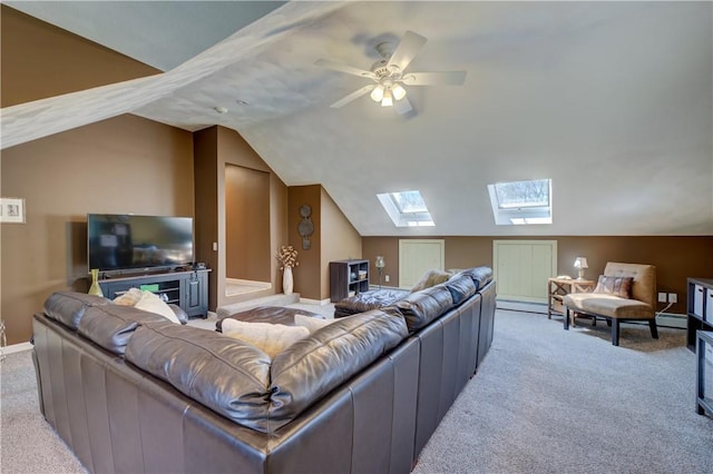 30 Rock Ridge Rd, Westerly, RI 02891 - carpeted living room with baseboards, baseboard heating, a ceiling fan, and lofted ceiling with skylight