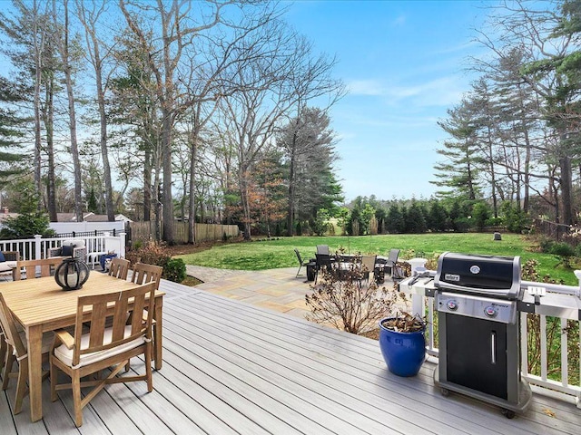 120 S Rd, East Greenwich, RI 02818 - deck featuring area for grilling, a lawn, a fenced backyard, and outdoor dining space