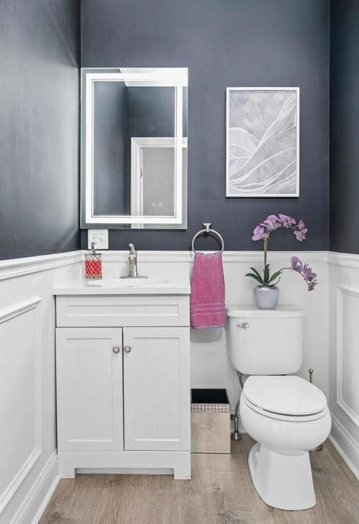 120 S Rd, East Greenwich, RI 02818 - bathroom with wood finished floors, toilet, vanity, and wainscoting