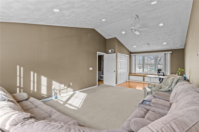 living area with a ceiling fan, high vaulted ceiling, and recessed lighting