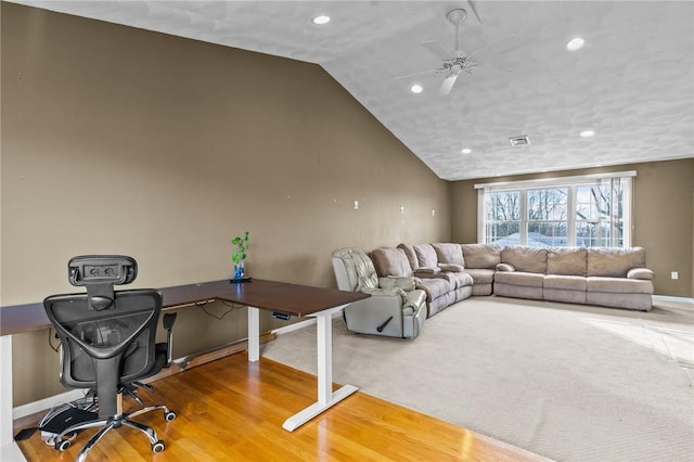 living room featuring baseboards, visible vents, recessed lighting, lofted ceiling, and a ceiling fan