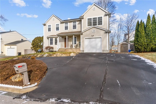 traditional home with a porch, an attached garage, and driveway