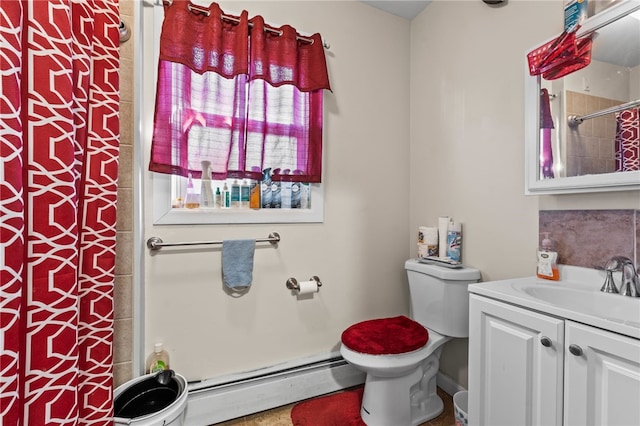 full bathroom with baseboard heating, toilet, vanity, and a shower with shower curtain