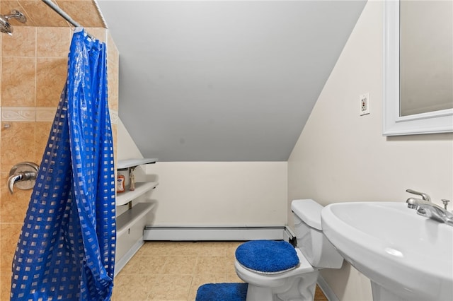 full bathroom featuring a sink, toilet, tiled shower, vaulted ceiling, and a baseboard radiator