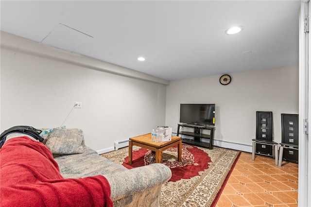 living area with recessed lighting, baseboards, and baseboard heating