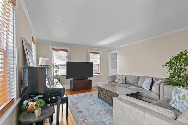 living area with wood finished floors, crown molding, and baseboards