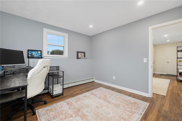 office featuring a baseboard heating unit, baseboards, wood finished floors, and recessed lighting