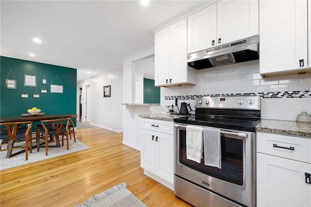 kitchen featuring light wood finished floors, decorative backsplash, under cabinet range hood, and electric range