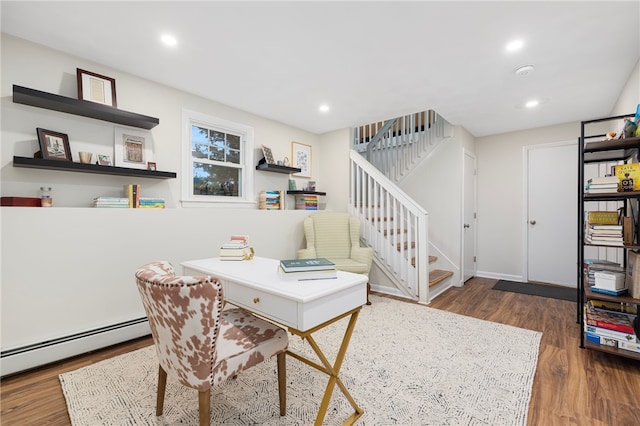 office area with a baseboard radiator, wood finished floors, and recessed lighting