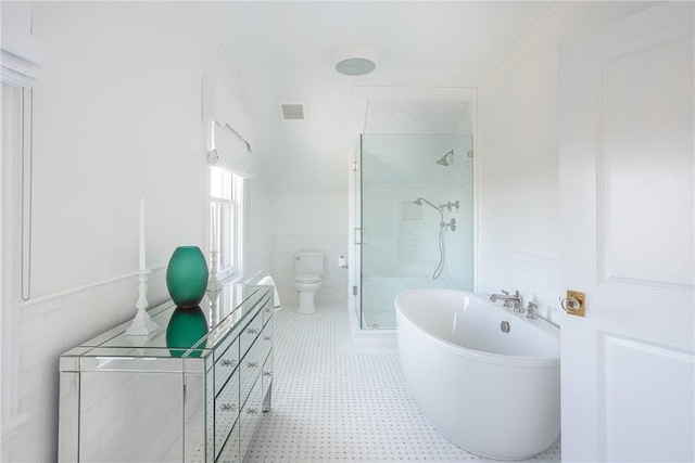 78 Rhode Island Ave Unit 8, Newport, RI 02840 - bathroom with a shower stall, a soaking tub, visible vents, toilet, and tile walls
