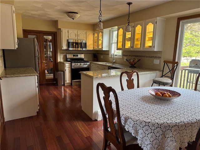 kitchen with tasteful backsplash, a sink, a peninsula, appliances with stainless steel finishes, and dark wood-type flooring