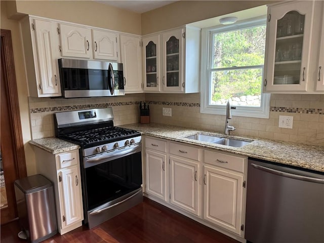 kitchen with light stone countertops, stainless steel appliances, a sink, and dark wood finished floors