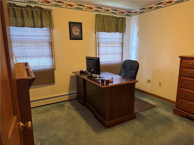 office featuring a baseboard heating unit, dark colored carpet, and baseboards