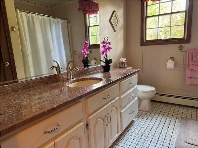 full bathroom featuring a baseboard heating unit, tile patterned floors, vanity, and toilet
