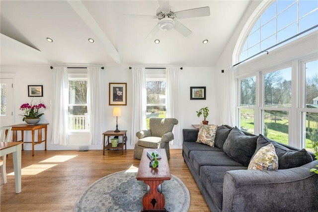 living area with high vaulted ceiling, ceiling fan, light wood-style floors, and plenty of natural light