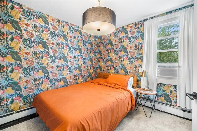 134 Courtland St, Providence, RI 02909 - bedroom with a baseboard heating unit, a baseboard radiator, carpet flooring, wallpapered walls, and cooling unit