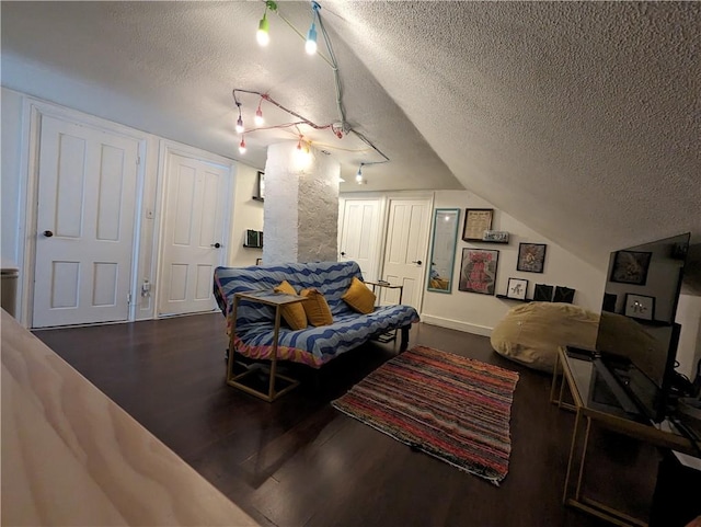 134 Courtland St, Providence, RI 02909 - living area with a textured ceiling, track lighting, dark wood-style floors, and lofted ceiling