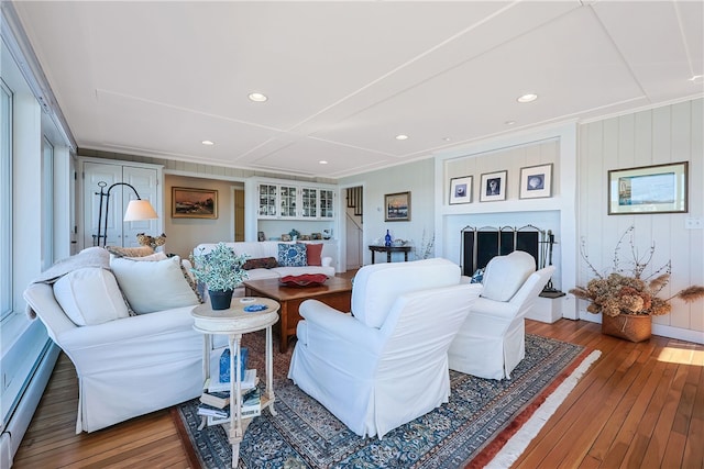 183 Twin Peninsula Ave, South Kingstown, RI 02879 - living room with hardwood / wood-style floors, a baseboard heating unit, recessed lighting, and ornamental molding