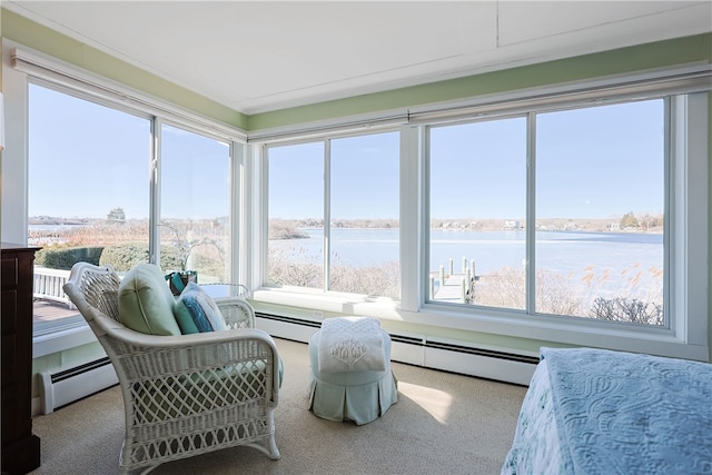 183 Twin Peninsula Ave, South Kingstown, RI 02879 - sunroom / solarium with baseboard heating, a water view, and carpet