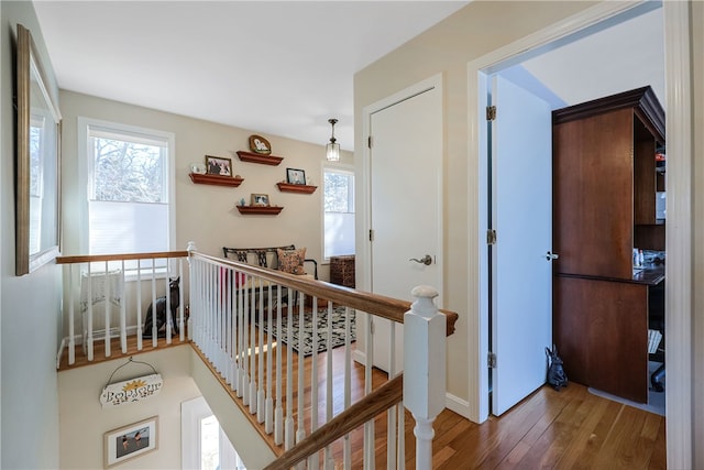 183 Twin Peninsula Ave, South Kingstown, RI 02879 - hallway with hardwood / wood-style flooring, plenty of natural light, an upstairs landing, and baseboards