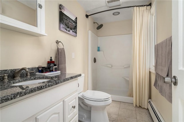 465 Camp Dixie Rd, Burrillville, RI 02859 - full bath featuring baseboard heating, a shower stall, vanity, tile patterned floors, and toilet
