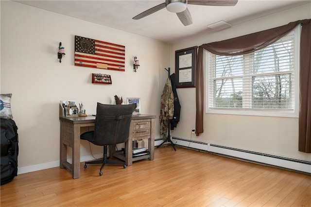 465 Camp Dixie Rd, Burrillville, RI 02859 - office space with light wood-style floors, a baseboard radiator, baseboards, and ceiling fan
