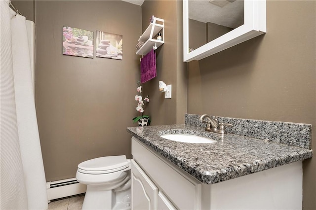 465 Camp Dixie Rd, Burrillville, RI 02859 - full bathroom with tile patterned flooring, vanity, toilet, curtained shower, and a baseboard heating unit