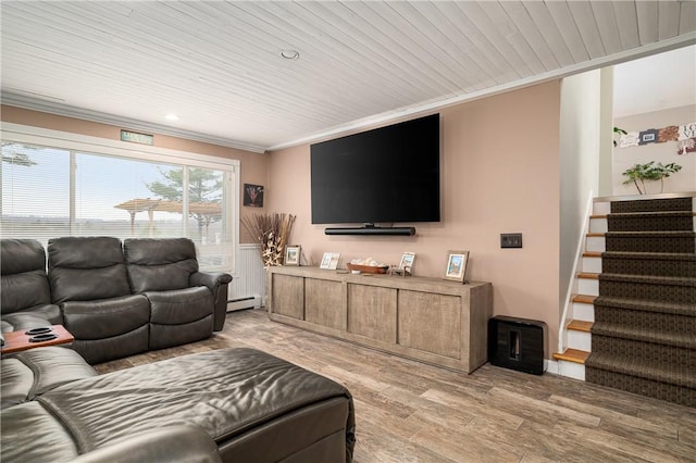 465 Camp Dixie Rd, Burrillville, RI 02859 - living room featuring crown molding, baseboard heating, stairway, wooden ceiling, and light wood-style flooring