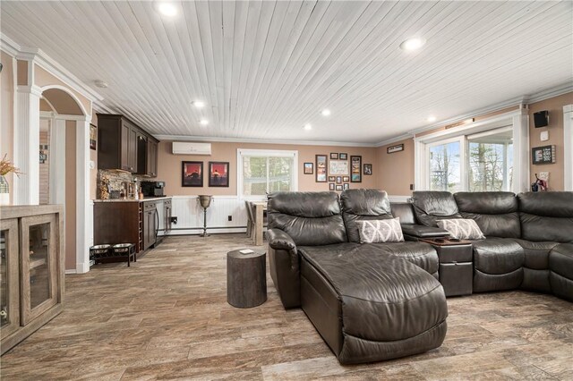 465 Camp Dixie Rd, Burrillville, RI 02859 - living room with wood ceiling, ornamental molding, light wood finished floors, and recessed lighting