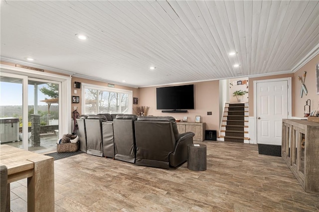 465 Camp Dixie Rd, Burrillville, RI 02859 - living room featuring stairs, recessed lighting, ornamental molding, and wood ceiling