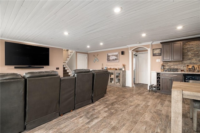 465 Camp Dixie Rd, Burrillville, RI 02859 - living area featuring stairs, recessed lighting, ornamental molding, and wood finished floors