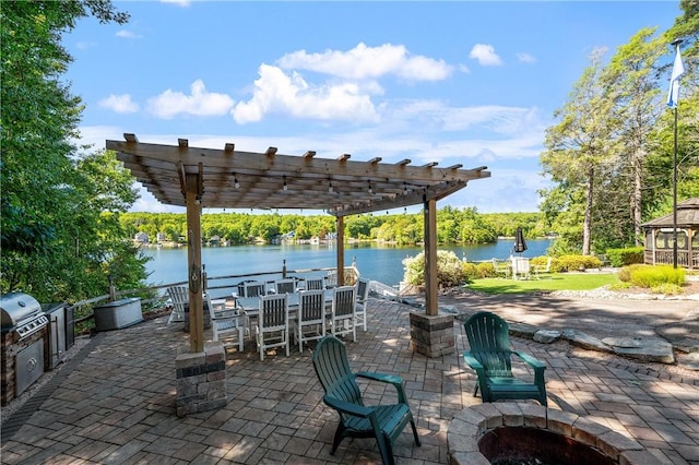 465 Camp Dixie Rd, Burrillville, RI 02859 - view of patio / terrace with area for grilling, a water view, a gazebo, and a pergola