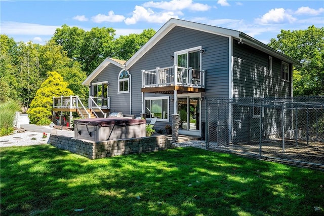 465 Camp Dixie Rd, Burrillville, RI 02859 - rear view of property with a lawn, a hot tub, a balcony, and a patio