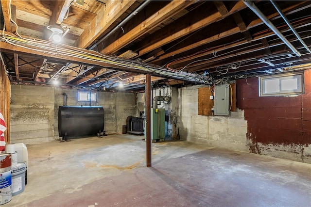 basement with electric panel and heating fuel