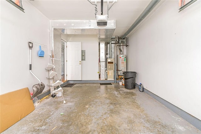 garage featuring electric panel, gas water heater, and a garage door opener
