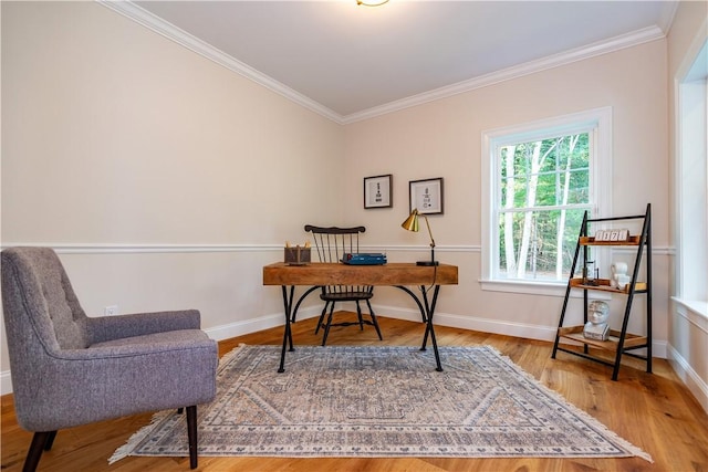 office area with wood finished floors, crown molding, and baseboards