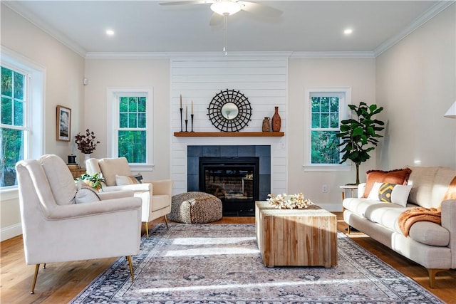 living area with a ceiling fan, wood finished floors, ornamental molding, and a healthy amount of sunlight