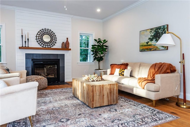 living room featuring a large fireplace, ornamental molding, wood finished floors, and recessed lighting