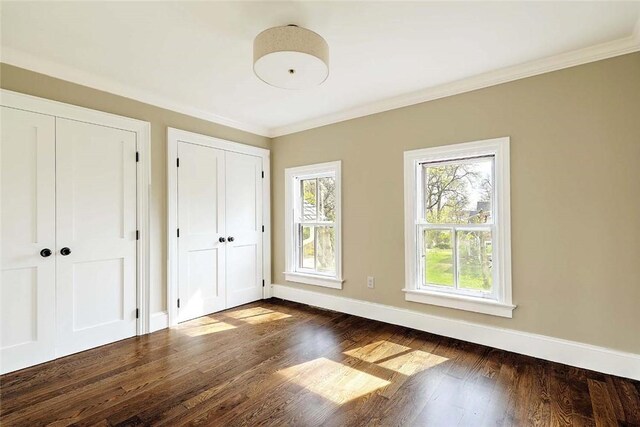 unfurnished bedroom with crown molding, two closets, multiple windows, and dark wood finished floors